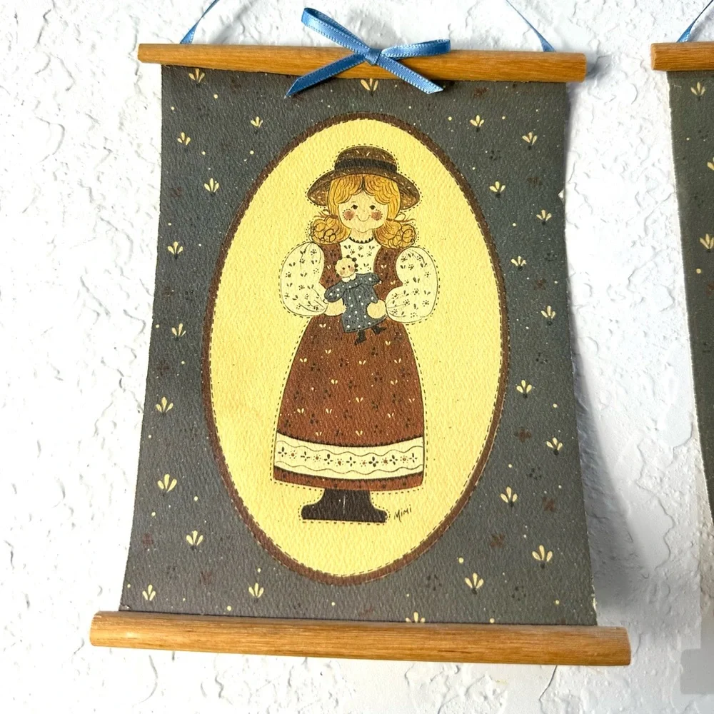 Vintage Folk Art Hanging Watercolor Paper Tile Art By Artist Mimi